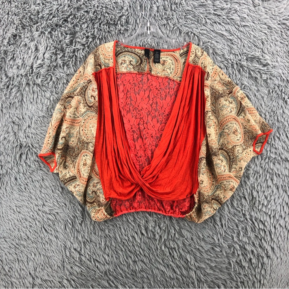 BKE Boutique Blouse XS Small Lace Twist Hem Poncho Paisley Top